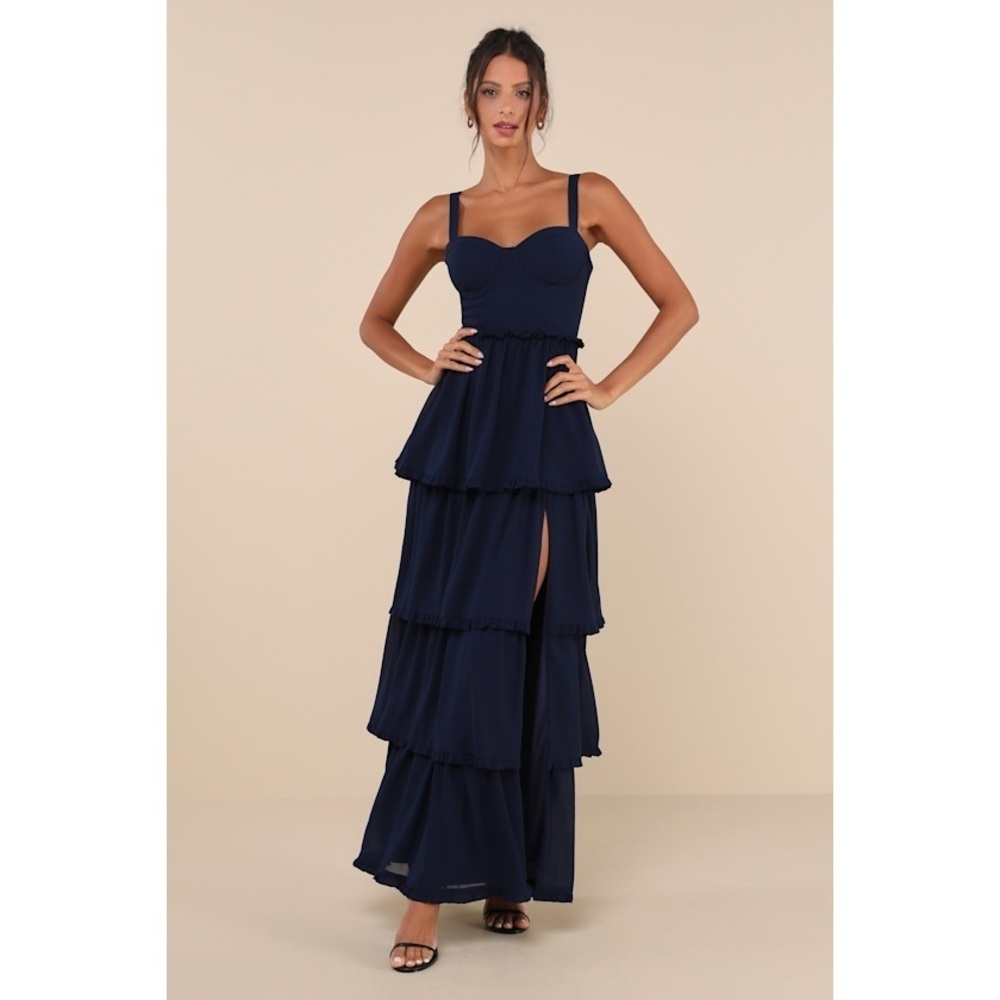 Lulus Sophisticated Occasion Navy Blue Bustier Lace-up Maxi Dress - Size XS